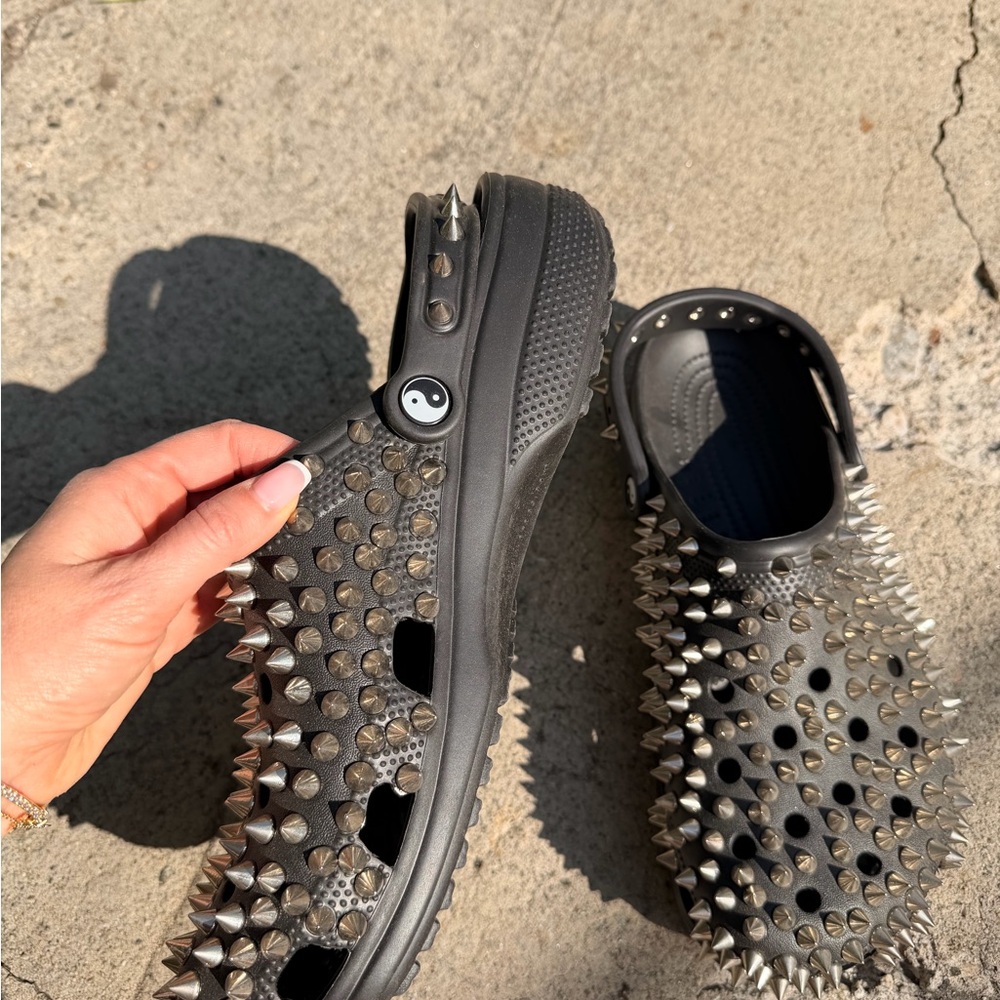 CROCS Black Slip-On Clogs with Silver Spikes - Picture 2 of 3